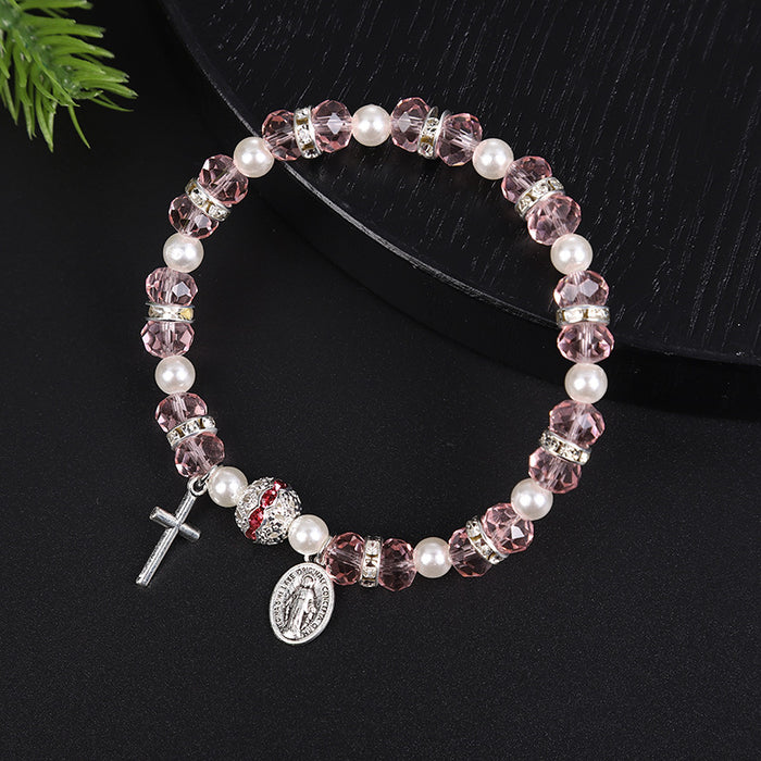 Wholesale Bracelet Alloy Pink Crystal Glass Pearl Cross Bead String MOQ≥10 JDC-BT-ShanS005