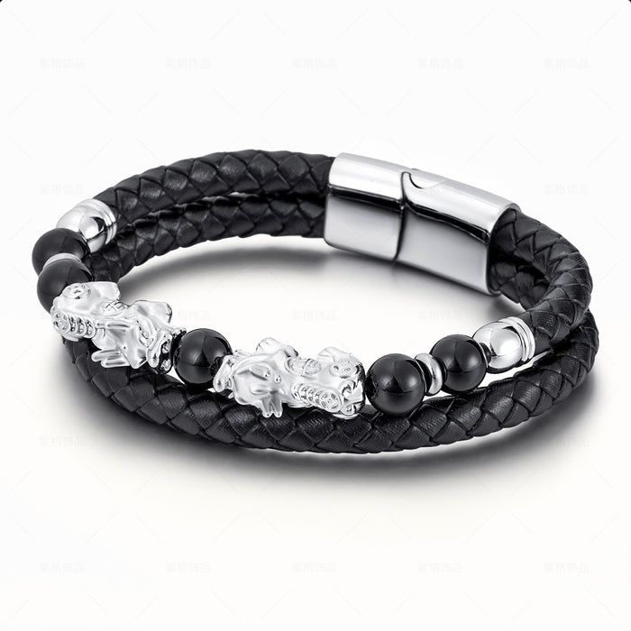 Wholesale Democratic Style Braided Leather Beaded Stainless Steel Mens Leather Bracelet JDC-BT-ZiGe007