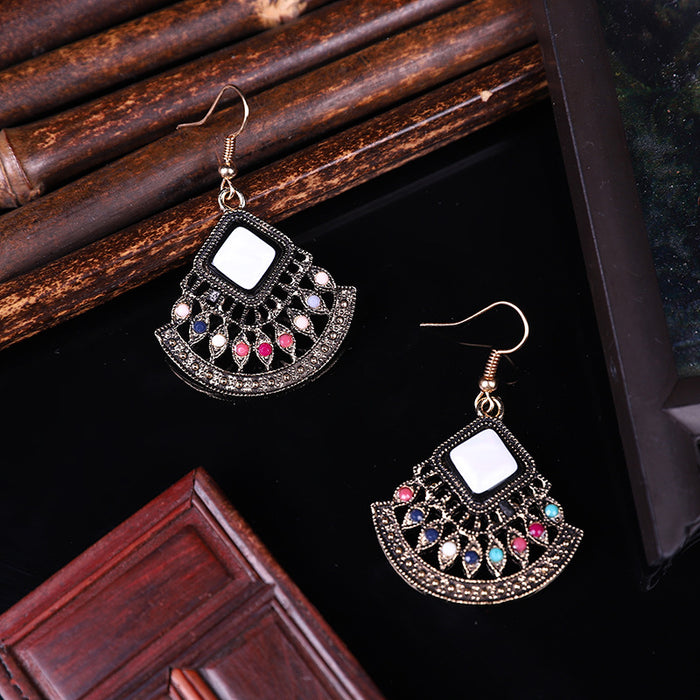 Wholesale Earrings Metal Vintage Ethnic Fan Shape Rice Beads Acrylic Drills MOQ≥2 JDC-ES-Daiq044