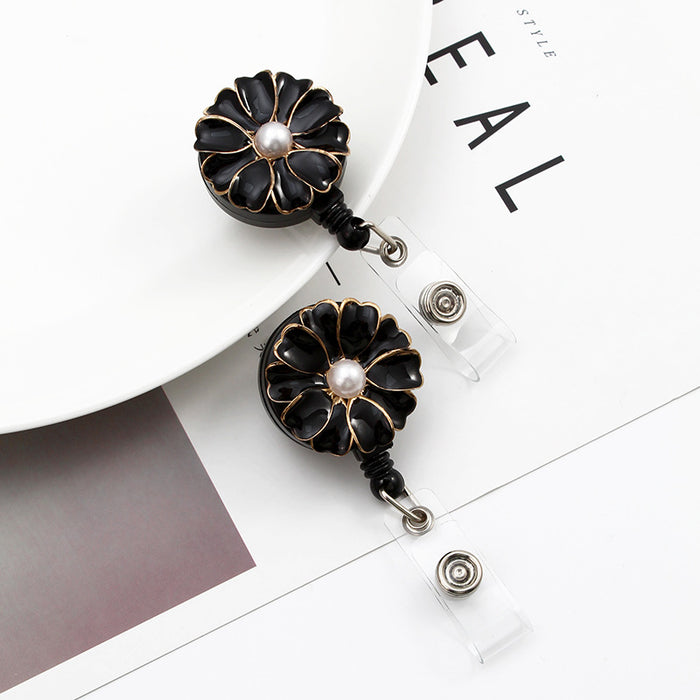 Wholesale Black Personality ID Buckle Pearl Flower Retractable Keychain MOQ≥2 JDC-KC-YZW005