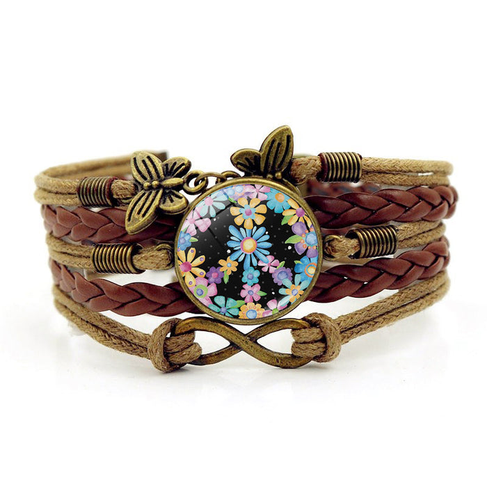 Wholesale Peace Sign Butterfly Leather Glass Bracelet JDC-BT-Jiayun003