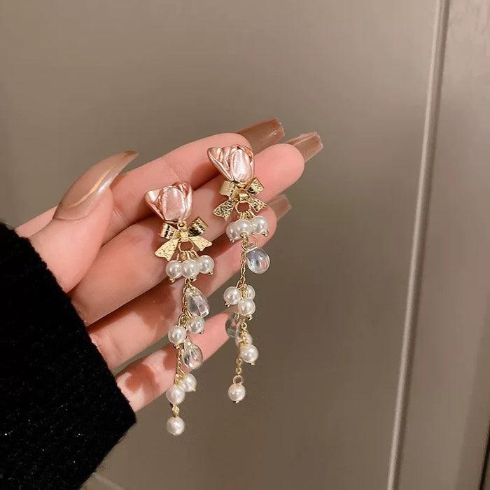 Jewelry WholesaleWholesale Silver Needle Boho Pearl Flower Tassel Alloy Earrings JDC-ES-Fengm028 Earrings 丰美 %variant_option1% %variant_option2% %variant_option3%  Factory Price JoyasDeChina Joyas De China