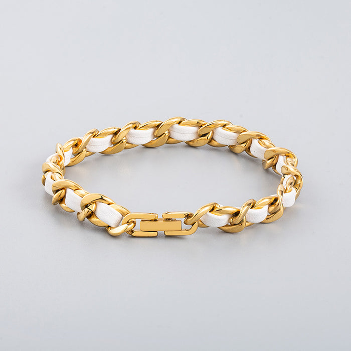 Wholesale Bracelet Titanium Steel White Leather Braided Gold Cuban Chain MOQ≥2 JDC-BT-XinYuan003