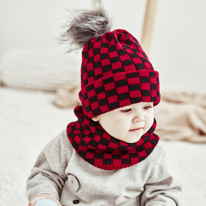 Wholesale Hat Acrylic Plaid Warm Children's Scarf 2-piece Set MOQ≥2 JDC-FH-MY015