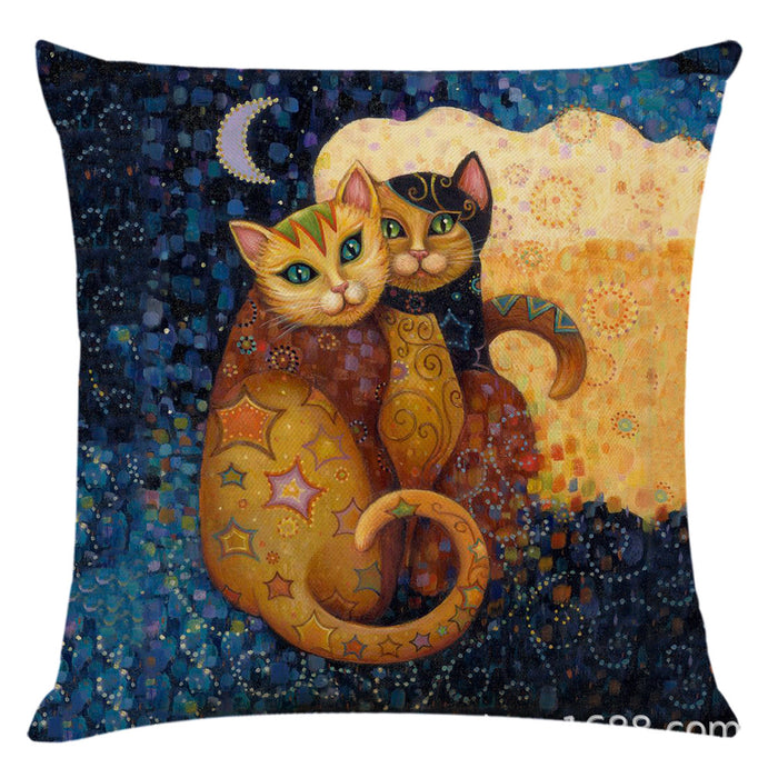 Wholesale Pillow Cover Art Mural Cat Print Cotton Linen Hug JDC-PW-Jiongkun003