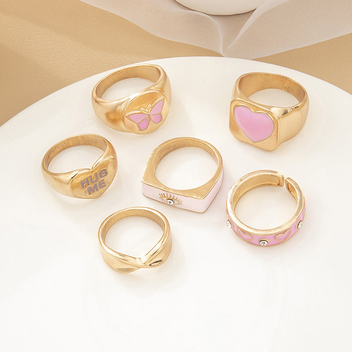 Wholesale Rings Alloy Exaggerated Heart Pink Butterfly Letters 6pcs Ring Set JDC-RS-Zhulong005