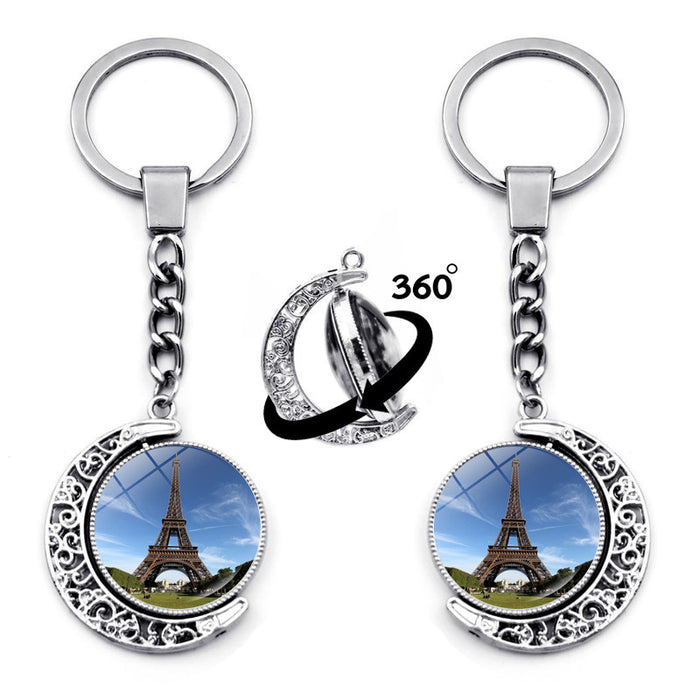 Wholesale Keychain Alloy Time Gemstone Eiffel Tower Double Sided Rotating Pendant Ornament JDC-KC-JiaY012