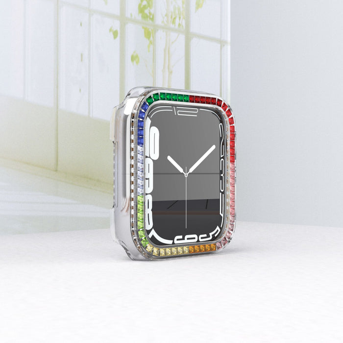 Wholesale Watch Strap Protective Case Apple iWatch7 Rainbow Square Diamond JDC-WD-LingY002