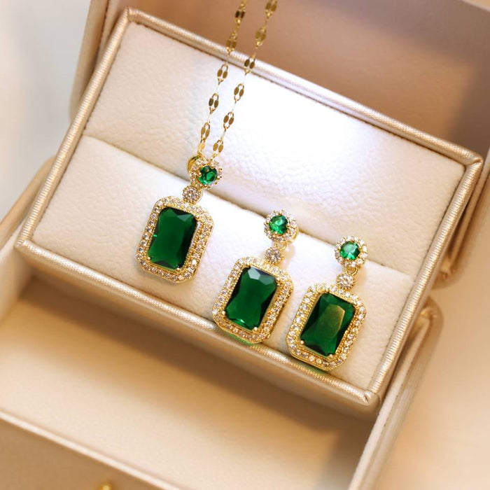 Wholesale Necklace Stainless Steel Emerald Ring Earrings Set JDC-NE-MingYuan006