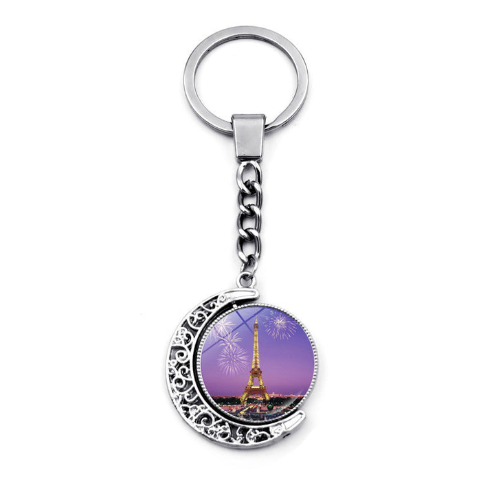 Wholesale Keychain Alloy Time Gemstone Eiffel Tower Double Sided Rotating Pendant Ornament JDC-KC-JiaY012