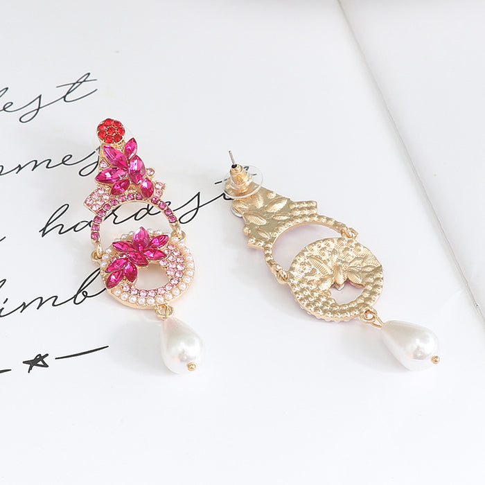 Wholesale Earrings Alloy Pink Diamond Floral Pearls JDC-ES-JJ364