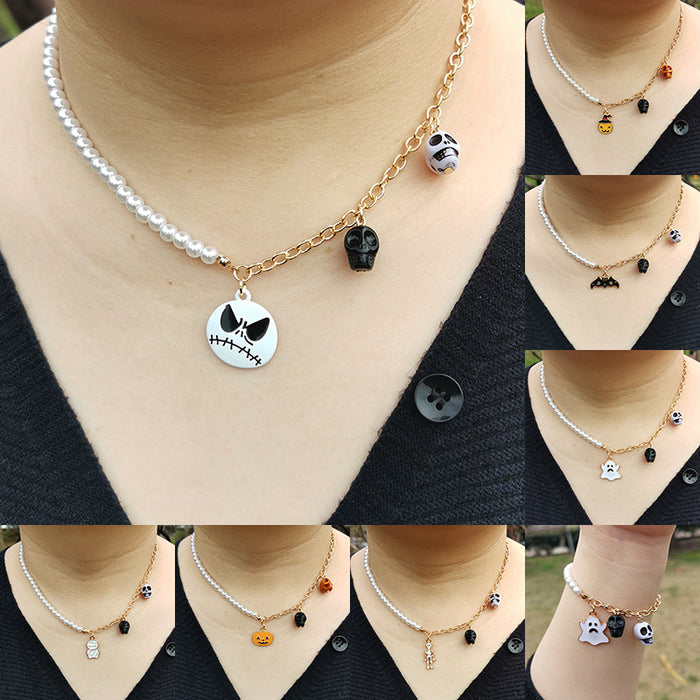 Wholesale Bracelet Alloy Halloween Skull Pearl Clavicle Chain MOQ≥2 JDC-NE-HaoL023