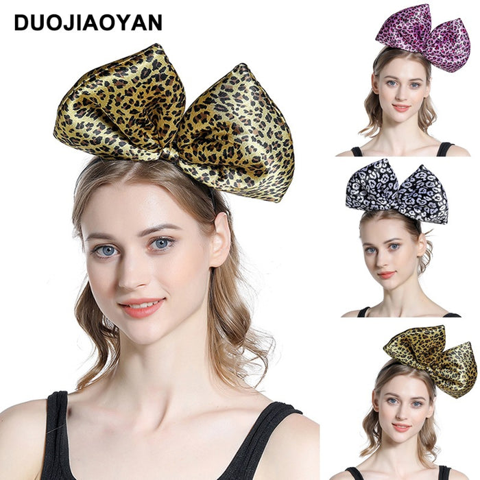 Wholesale Leopard Print Exaggerated Oversized Bow Satin Cloth Iron Headband MOQ≥3 JDC-HD-Jiaoy012