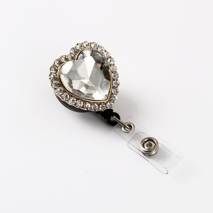 Wholesale Keychains For Backpacks heart-shaped rhinestone alloy badge pendant easy-pull buckle diamond ID card buckle MOQ≥3 JDC-KC-WHao004