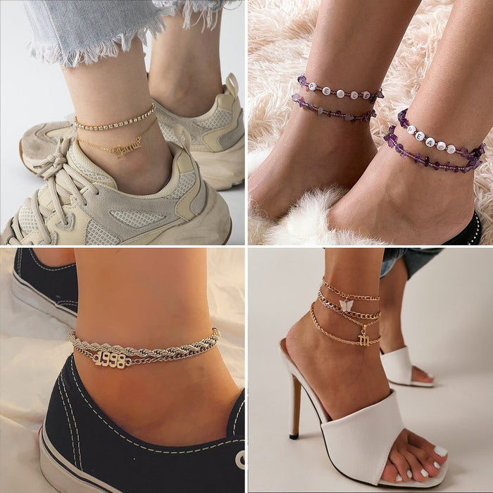 Wholesale Gravel Rice Bead Anklet Butterfly Letter Foot Ornament JDC-AS-MYu004