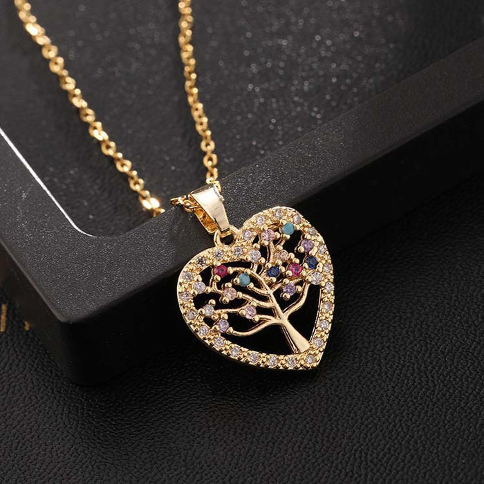 Jewelry WholesaleWholesale Gold Plated Openwork Colorful Zircon Heart Shape Tree of Life Necklace JDC-NE-ShangY004 Necklaces 尚易 %variant_option1% %variant_option2% %variant_option3%  Factory Price JoyasDeChina Joyas De China