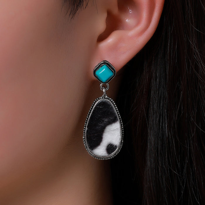 Wholesale retro water drop cow pattern irregular pattern pu earrings MOQ≥2 JDC-ES-Miaos005