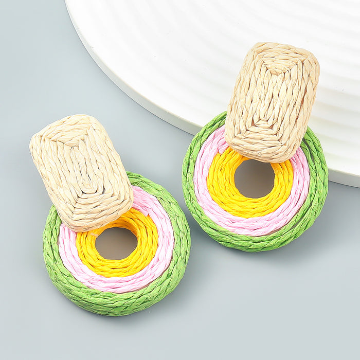 Wholesale Raffia Braided Square Round Geometric Earrings JDC-ES-JL996