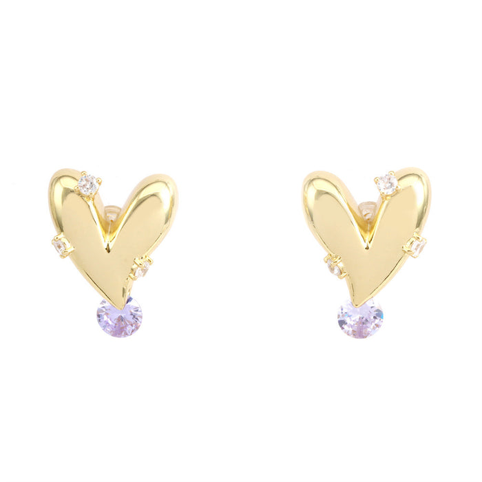 Wholesale Earrings Inlaid Purple Zircon Heart Gold Plated Copper JDC-ES-PREMTIANY003