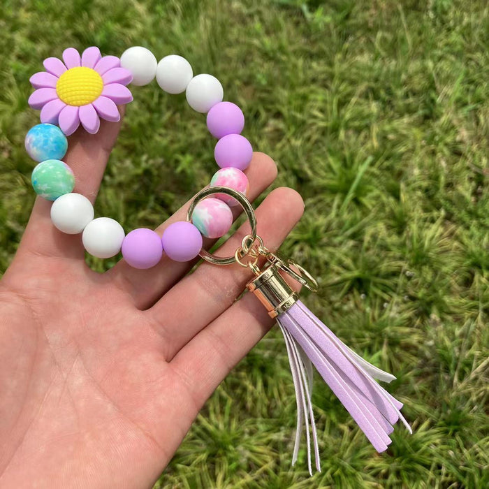 Wholesale Daisy Sunflower Baseball Silicone Beaded Wristlet Keychain MOQ≥2 JDC-KC-QXue006