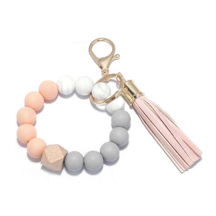 Wholesale Silicone Beaded PU Leather Tassel Wristlet Keychain JDC-KC-ZiGe001