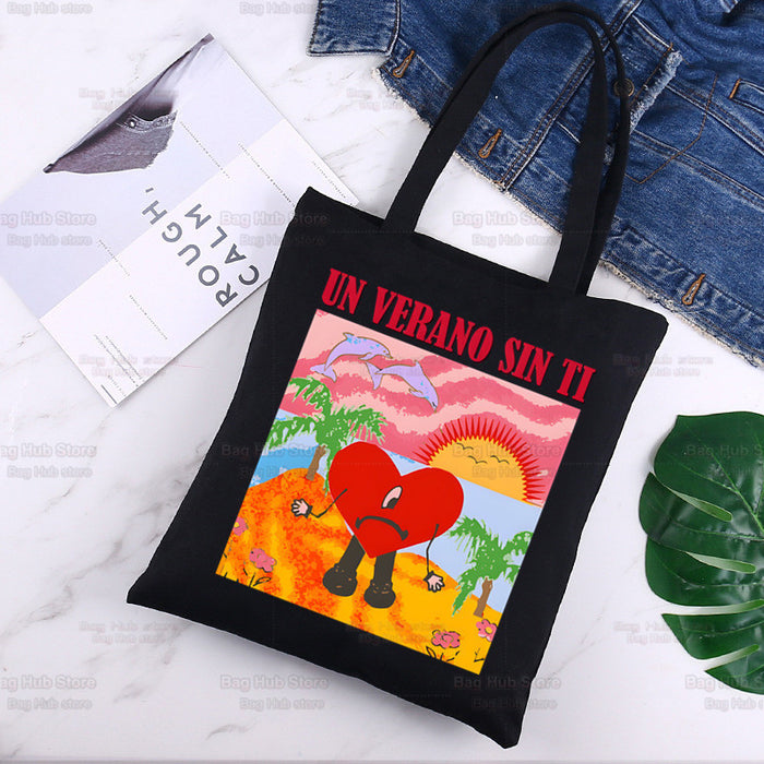 Wholesale Handbag Canvas Cute Cartoon Printing Black Shopping Bag (F) JDC-HB-Aike002