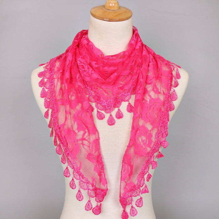 Wholesale Nylon Lace Triangular Scarf Rose Flower Tassel Triangle Scarf JDC-SF-WenJ002