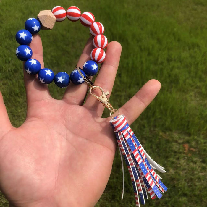 Wholesale Wooden Beaded American Flag Beaded Tassel Wristlet Keychain MOQ≥2 JDC-KC-QXue002