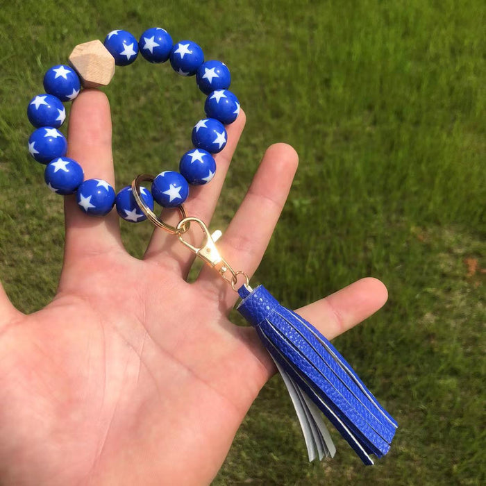 Wholesale Wooden Beaded American Flag Beaded Tassel Wristlet Keychain MOQ≥2 JDC-KC-QXue002