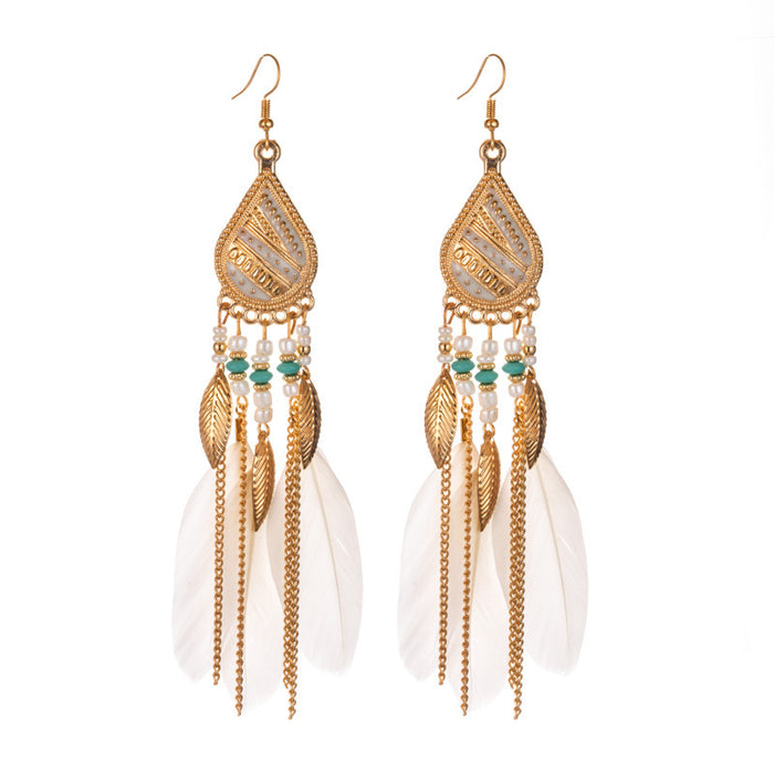 Jewelry WholesaleWholesale Boho Rice Beads Feather Tassel Alloy Earrings JDC-ES-Daiq030 Earrings 黛茜 %variant_option1% %variant_option2% %variant_option3%  Factory Price JoyasDeChina Joyas De China