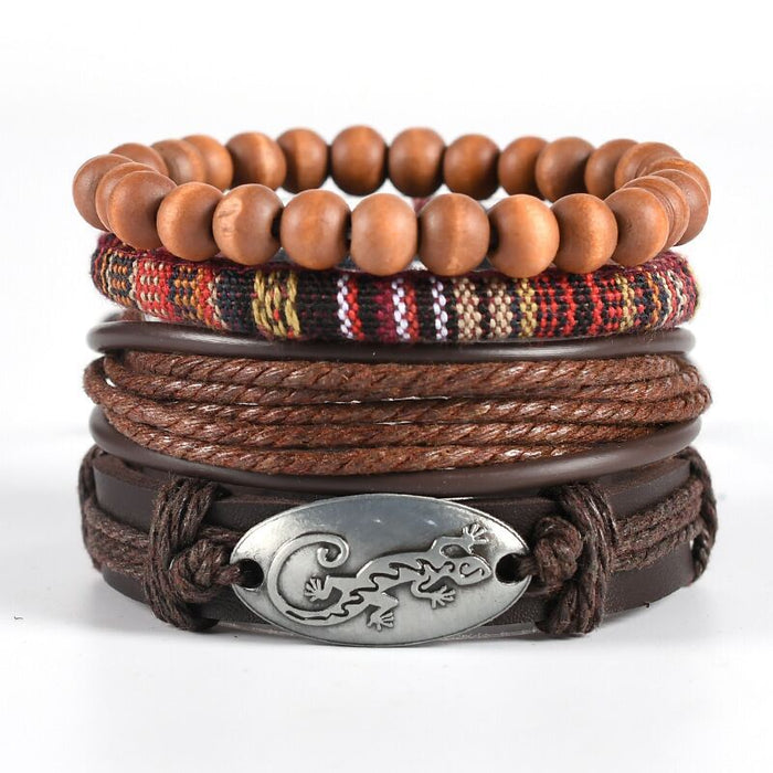 Wholesale Four Piece Card Motorcycle Braided Leather Bracelet Multilayer Set MOQ≥3 JDC-BT-BaB013