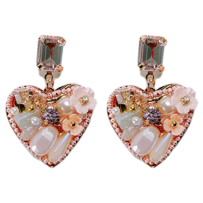 Wholesale Shell Flower Pearl Crystal Silver Needle Heart Alloy Earrings JDC-ES-Qiant011