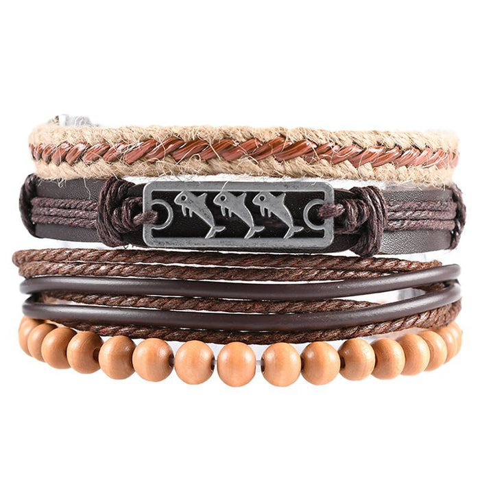 Wholesale Four Piece Card Motorcycle Braided Leather Bracelet Multilayer Set MOQ≥3 JDC-BT-BaB013