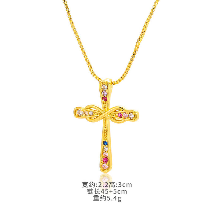 Wholesale Bow Cross Pendant Brass Gold Plated Micro Set Zircon JDC-NE-DRY001