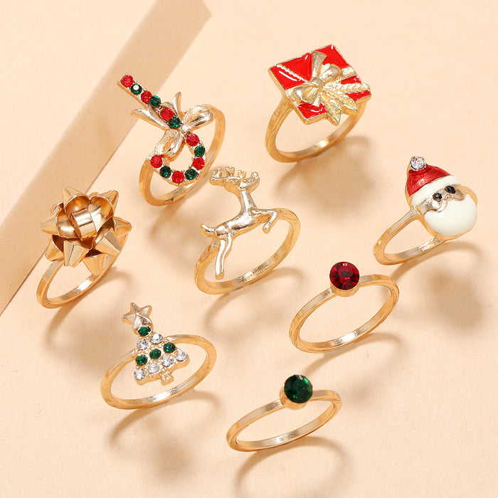 Wholesale Rings Alloy Christmas Tree Santa Claus Bowknot Elk Ring 8pcs JDC-RS-Zhulong003