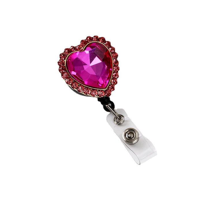 Wholesale Keychains For Backpacks heart-shaped rhinestone alloy badge pendant easy-pull buckle diamond ID card buckle MOQ≥3 JDC-KC-WHao004