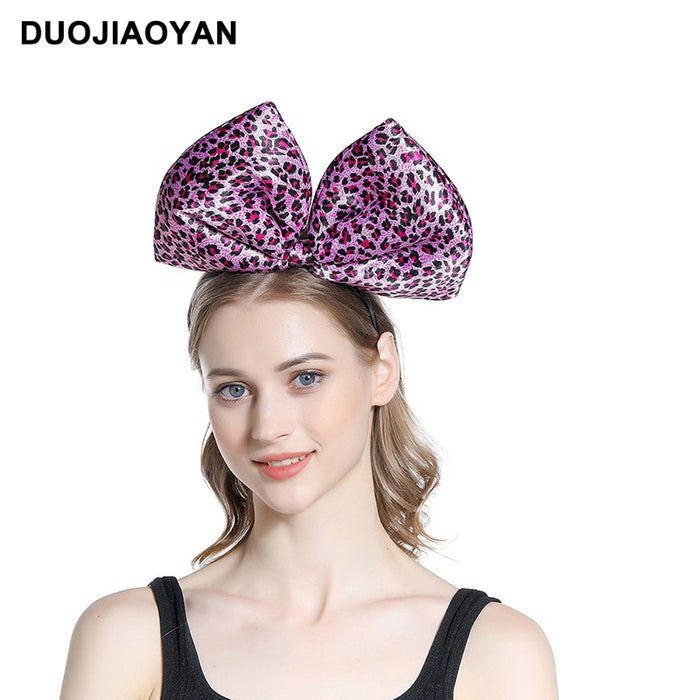 Wholesale Leopard Print Exaggerated Oversized Bow Satin Cloth Iron Headband MOQ≥3 JDC-HD-Jiaoy012