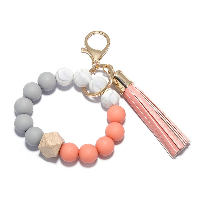 Wholesale Silicone Beaded PU Leather Tassel Wristlet Keychain JDC-KC-ZiGe001