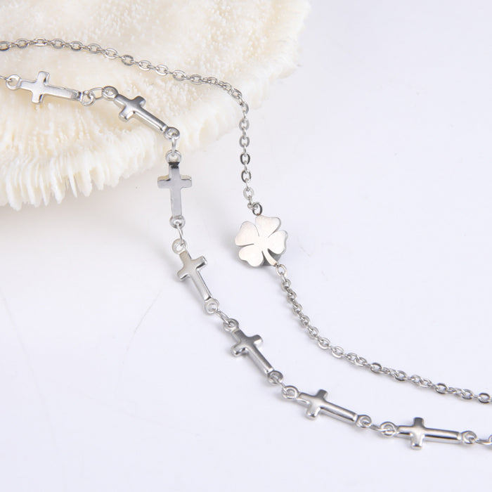 Wholesale Bracelet Stainless Steel Clover and Cross Chain Double Layer JDC-BT-QiJu010