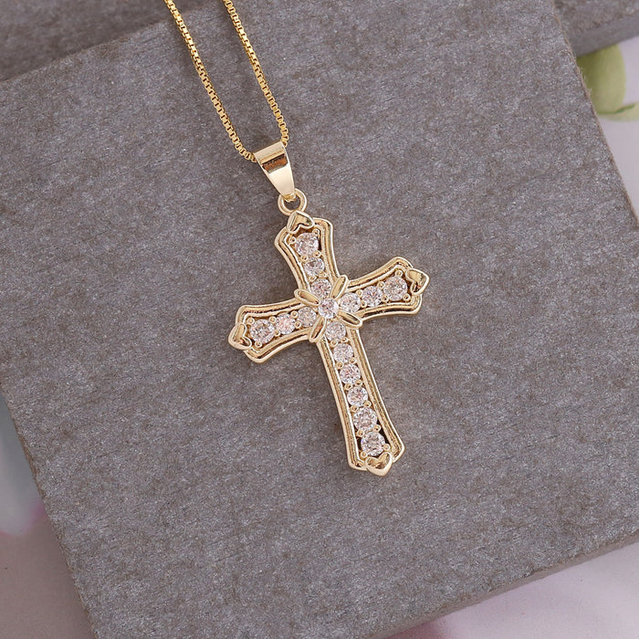 Wholesale Copper Micro Inlaid Zircon Cross Pendant Personality 18K Gold Necklace JDC-NE-Bingm021