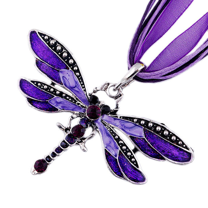 Wholesale Dragonfly Vintage Ribbon String Purple Diamond Kids Necklace JDC-NE-TWMD001