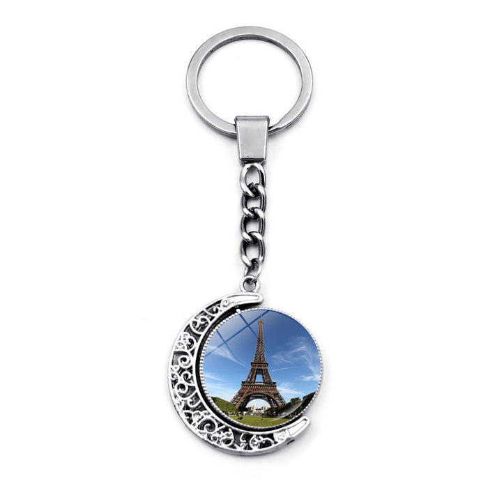 Wholesale Keychain Alloy Time Gemstone Eiffel Tower Double Sided Rotating Pendant Ornament JDC-KC-JiaY012