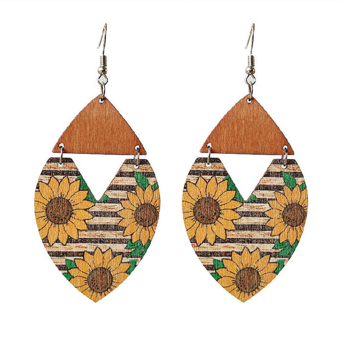 Wholesale Earrings Wooden Boho Sunflower Stripes Big Flower Earrings 2pcs JDC-ES-Heyi032