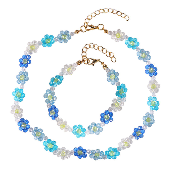 Wholesale Sweet Flower Necklace Bracelet Hand Beaded Flower Blue Set JDC-BT-SYu004