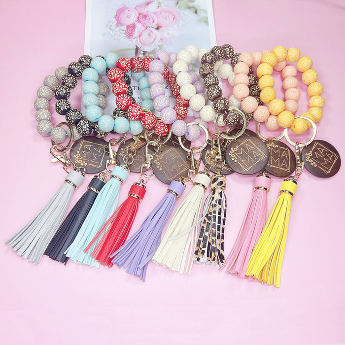 Wholesale Keychains PU Wooden Speckled Tassel Wrist MAMA JDC-KC-WenJ023