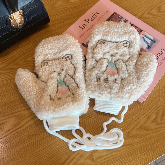 Wholesale Gloves Polyester Cute Cartoon Bear Strawberry Keep Warm Plush MOQ≥2 JDC-GS-JingZ011