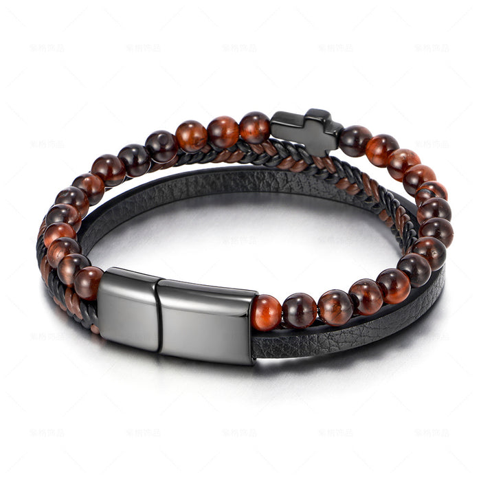 Wholesale Stainless Steel Natural Tiger Eye Agate Stone Cross Mens Leather Bracelet JDC-BT-ZiGe002