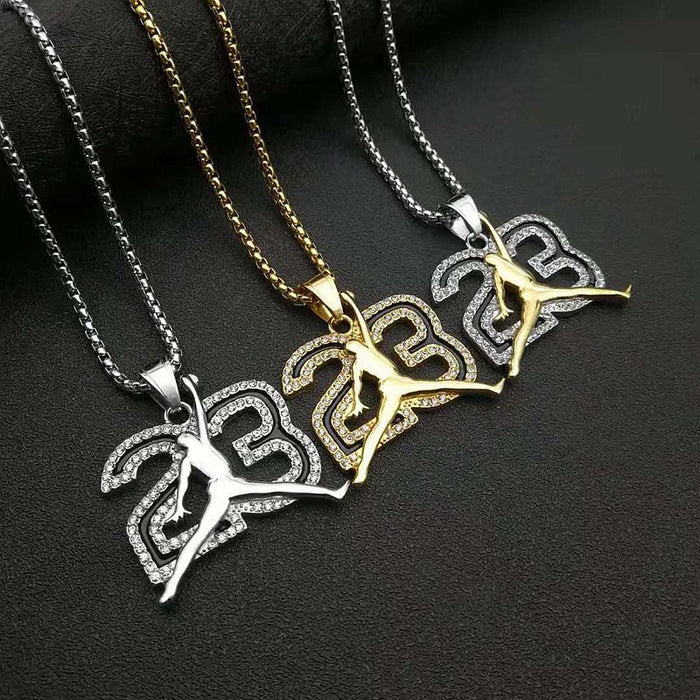 Wholesale Basketball Jewelry Stainless Steel Gold Plated Rhinestone Trapeze Dunk Necklace JDC-CS-HongXin002