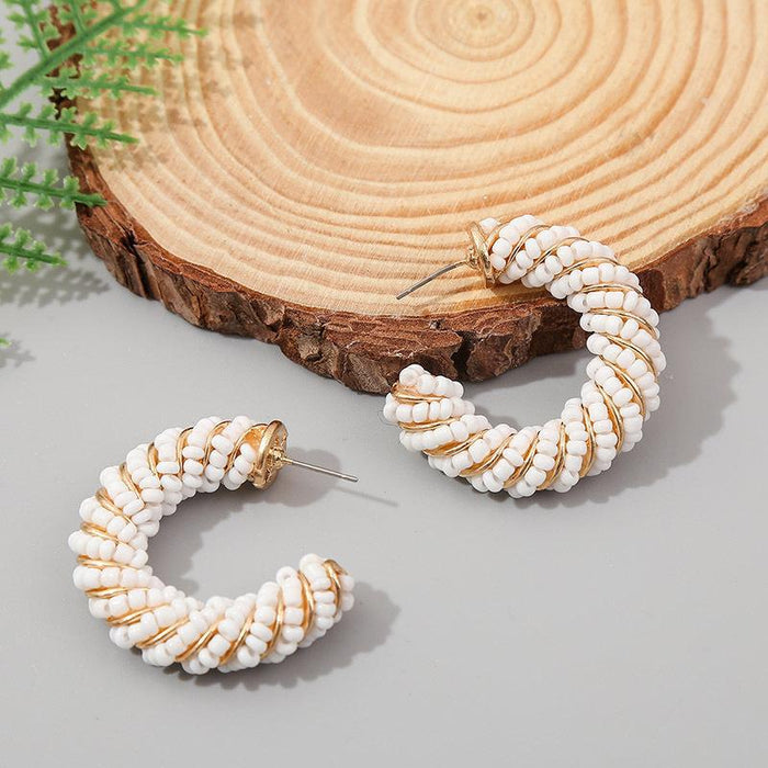 Wholesale Bohemian C Shape Rice Bead Braided Resin Alloy Earrings MOQ≥2 JDC-ES-OuZhe001