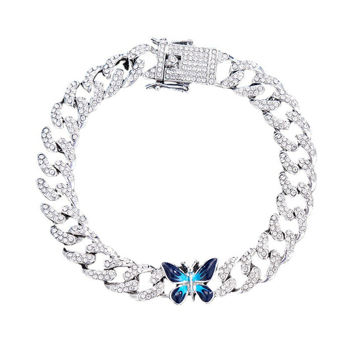 Wholesale Necklace Alloy Rhinestone Enamel Butterfly Cuban Chain Bracelet Anklet Set MOQ≥2 JDC-NE-XuanD005